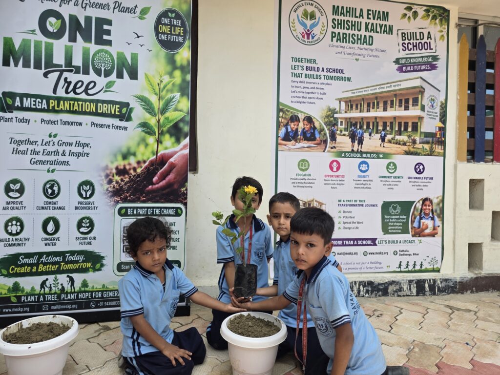 Students potting saplings in front of the One Million Trees banner