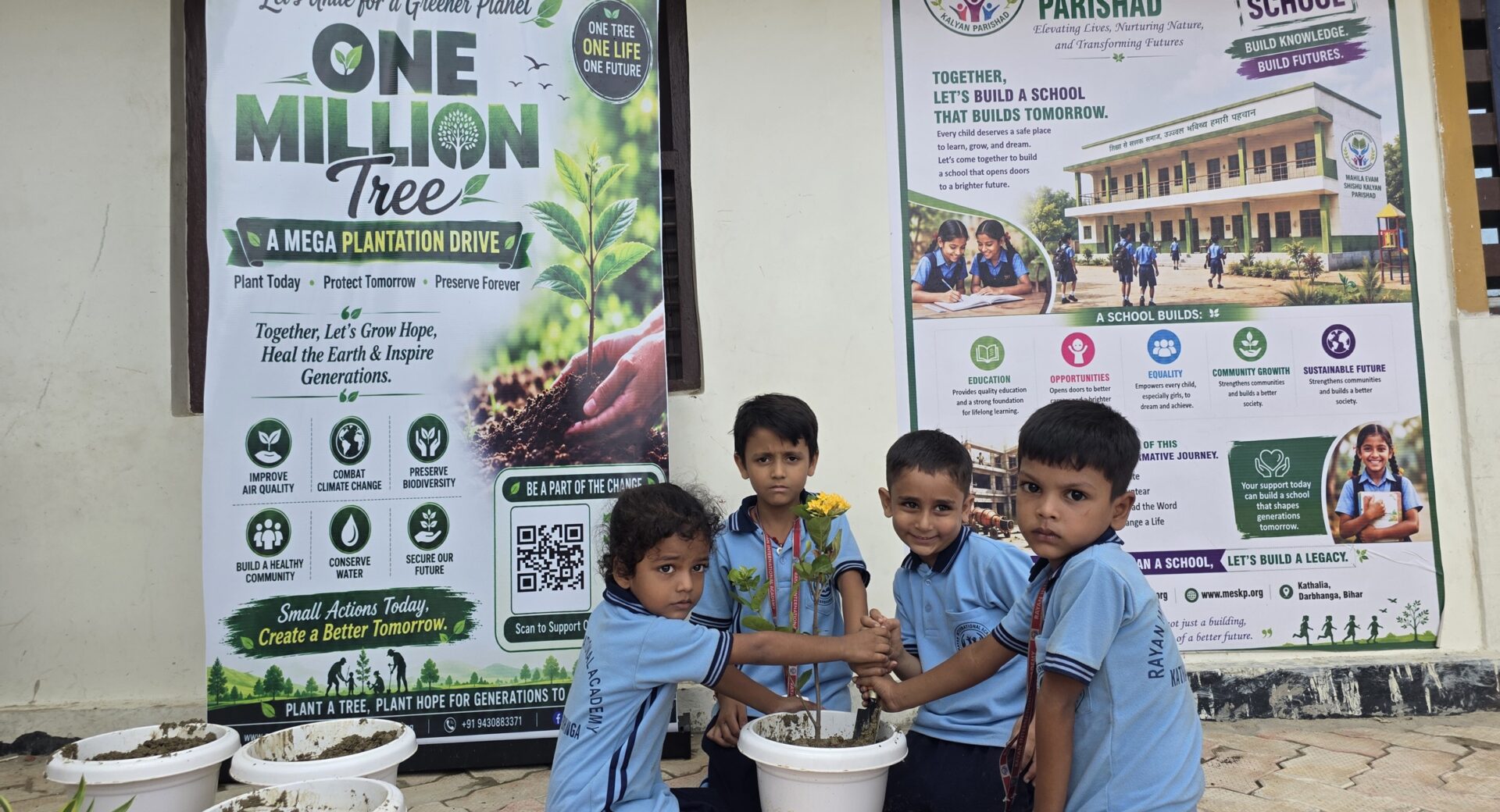 Gift a Tree 1 Students potting saplings in front of the One Million Trees banner