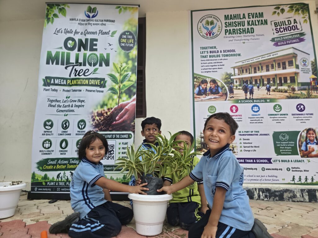 Students potting saplings in front of the One Million Trees banner