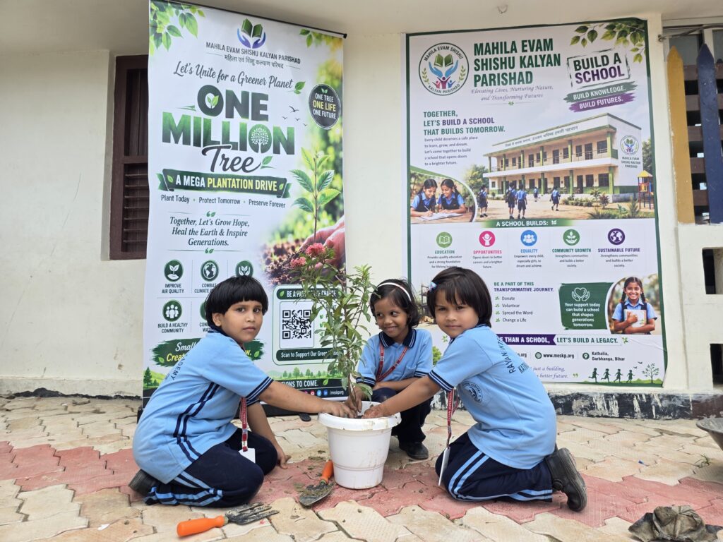 Students potting saplings in front of the One Million Trees banner