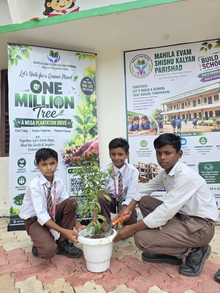 Students potting saplings in front of the One Million Trees banner